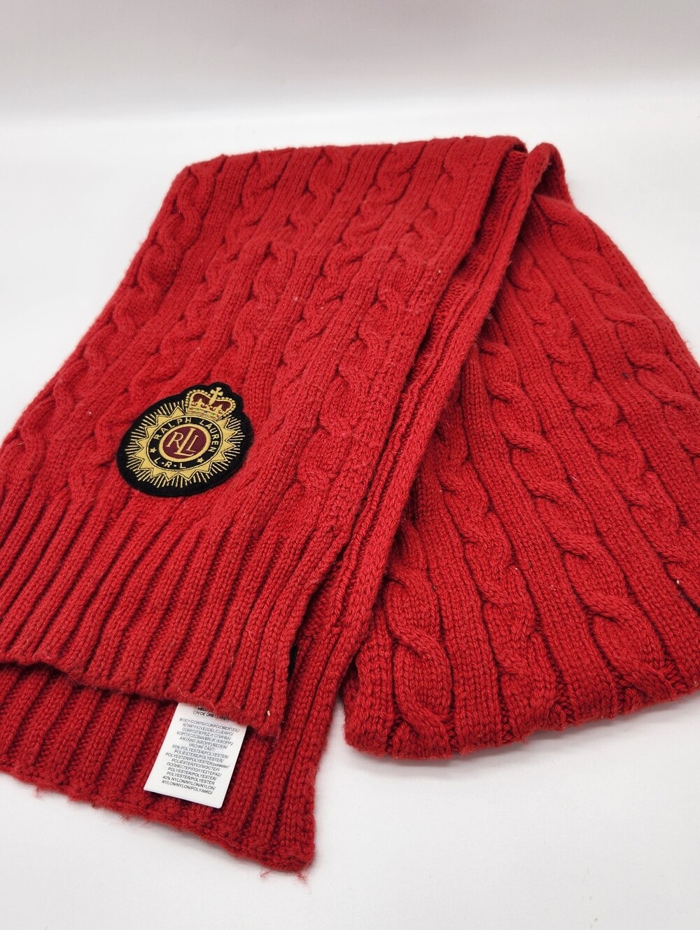 Lauren Ralph Lauren Cable Knit Scarf Red Gold Crest Crown Logo Patch 72"